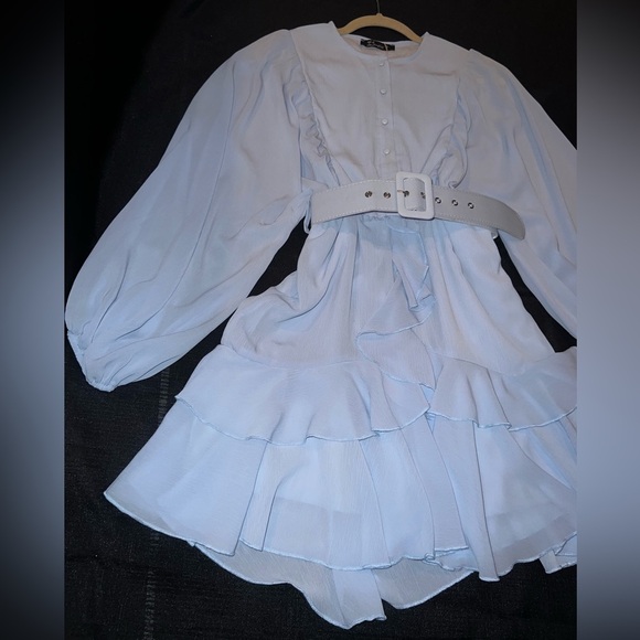 Long sleeve Ruffle Belted Dress in Winter Blue - Picture 7 of 13